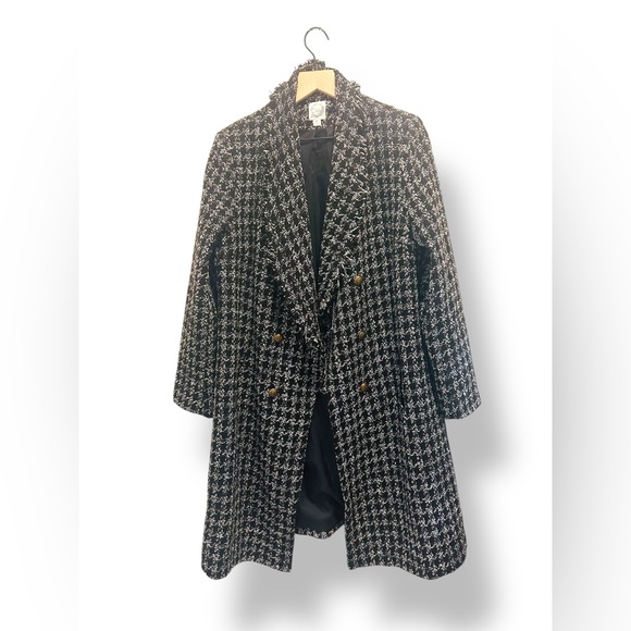 Blue Rain Tweed Bouclé Coat Size M Plaid Frayed Trim Metallic Double Breasted - Picture 1 of 14